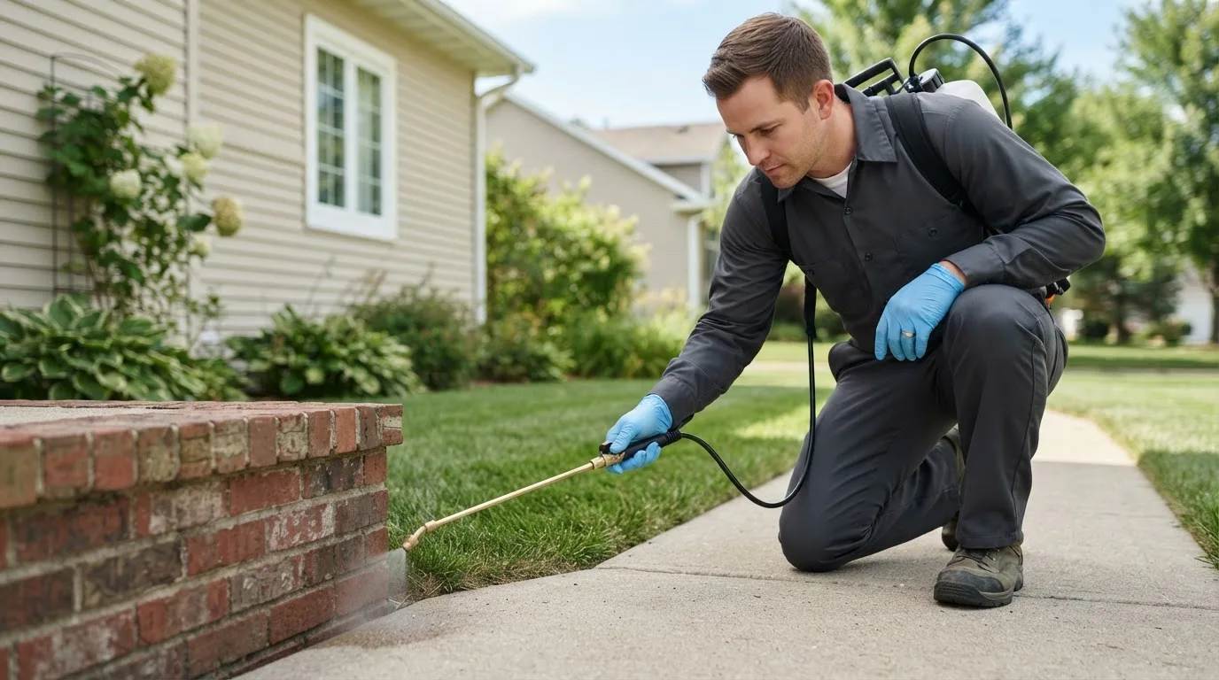 Pest control technician treating a home near Falkner, MS